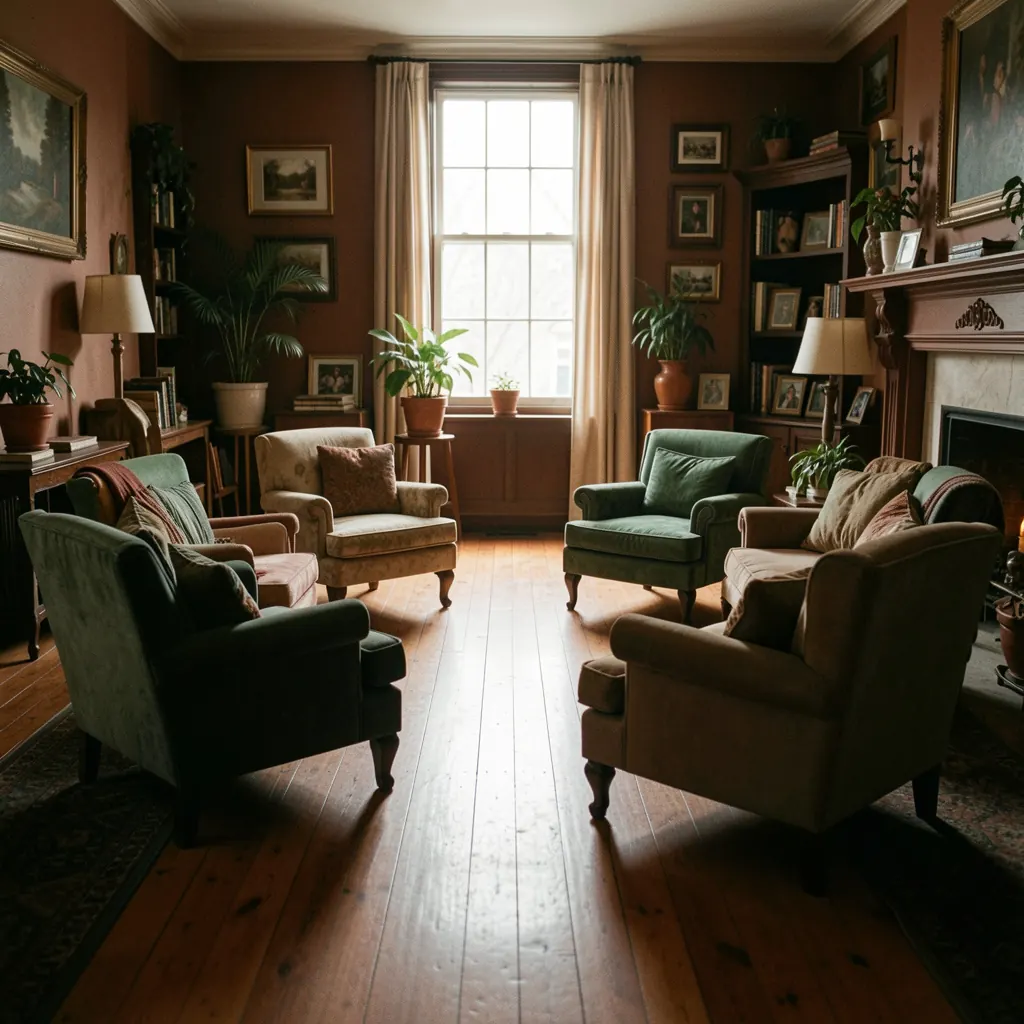 Where a family intervention takes place A circle of chairs arranged in a warm living room, set up for a family intervention meeting